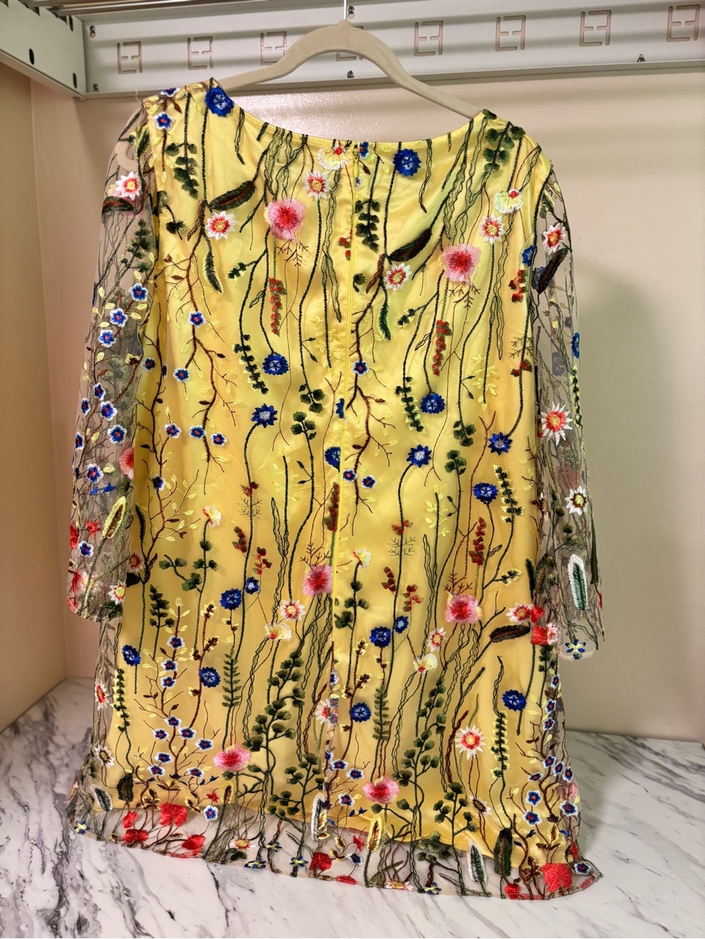 Tahari Yellow Floral Embroidered Midi Dress